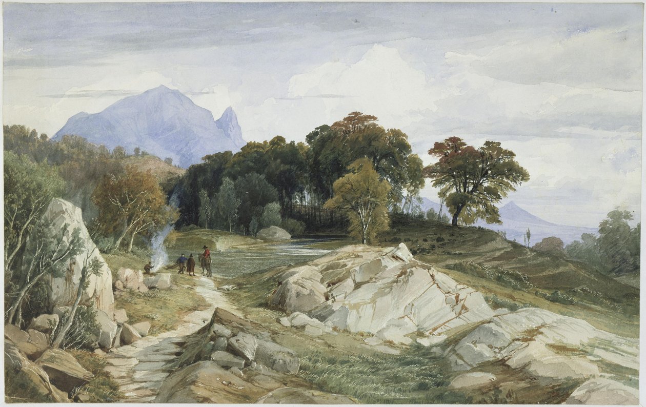 Paisaje italiano de bosque y montaña, un jinete y tres hombres junto a la hoguera de Johann Wilhelm Schirmer