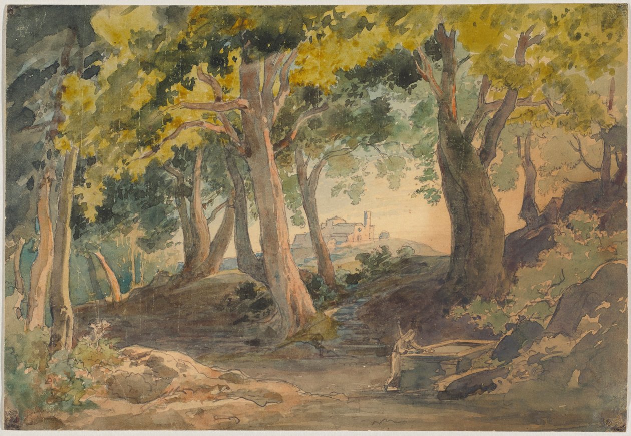 Paisaje: con altos y antiguos árboles de hoja caduca y una colina con un castillo al fondo de Johann Wilhelm Schirmer