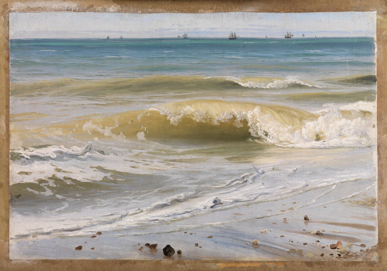 Oleaje marino con barcos en la lejanía de Johann Wilhelm Schirmer