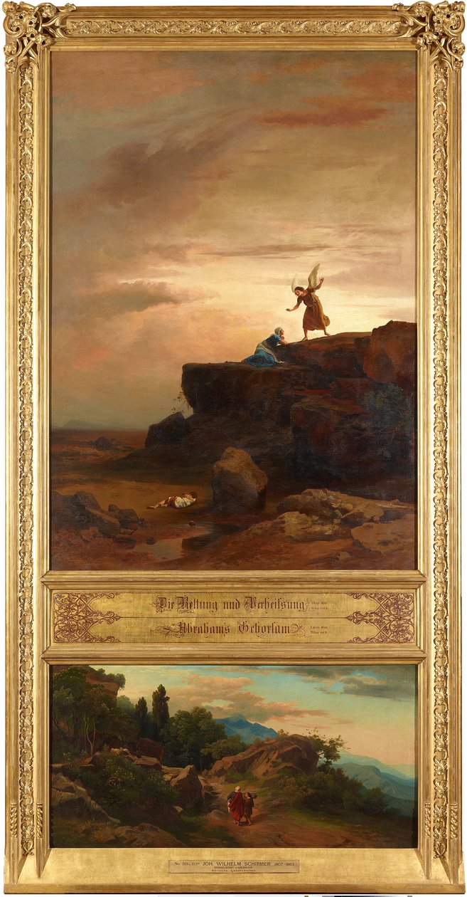 Salvación y promesa (arriba). El camino de Abraham e Isaac hacia el sacrificio (abajo). Del ciclo «Doce paisajes bíblicos con la historia de Abraham» de Johann Wilhelm Schirmer