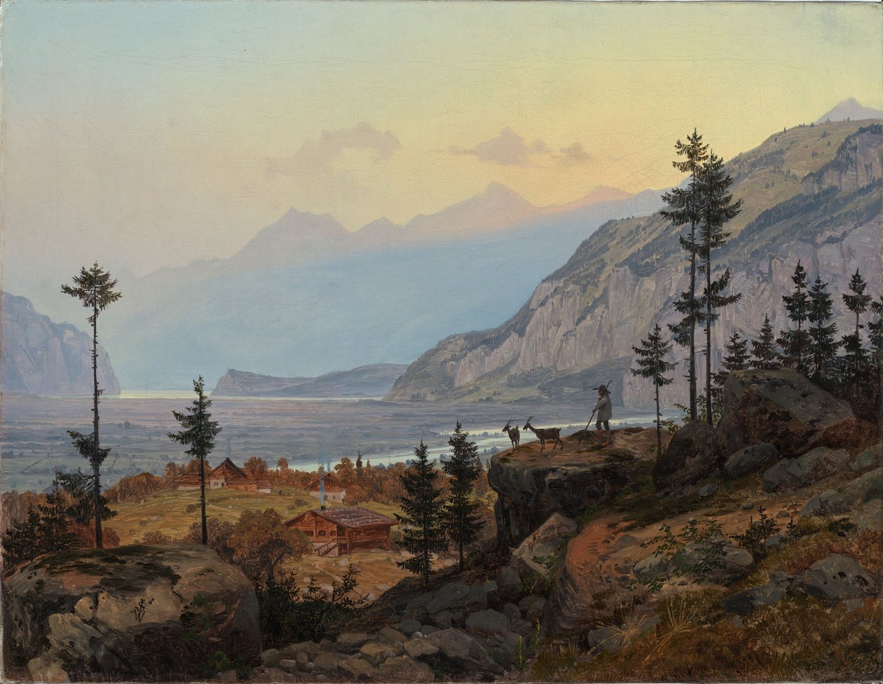Paisaje alpino suizo con un río y un lago de Johann Wilhelm Schirmer