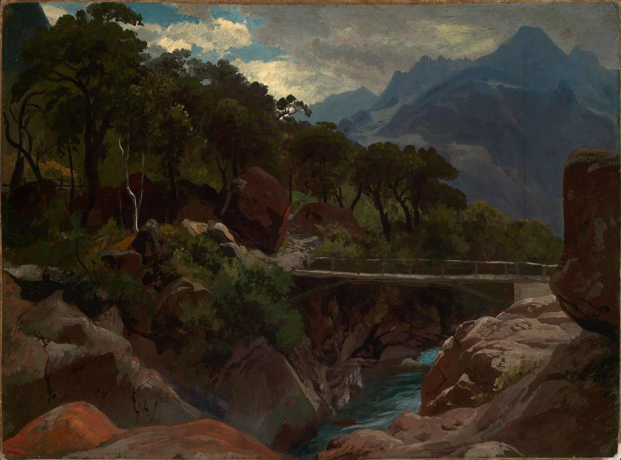 Río de montaña suizo con pasarela de Johann Wilhelm Schirmer