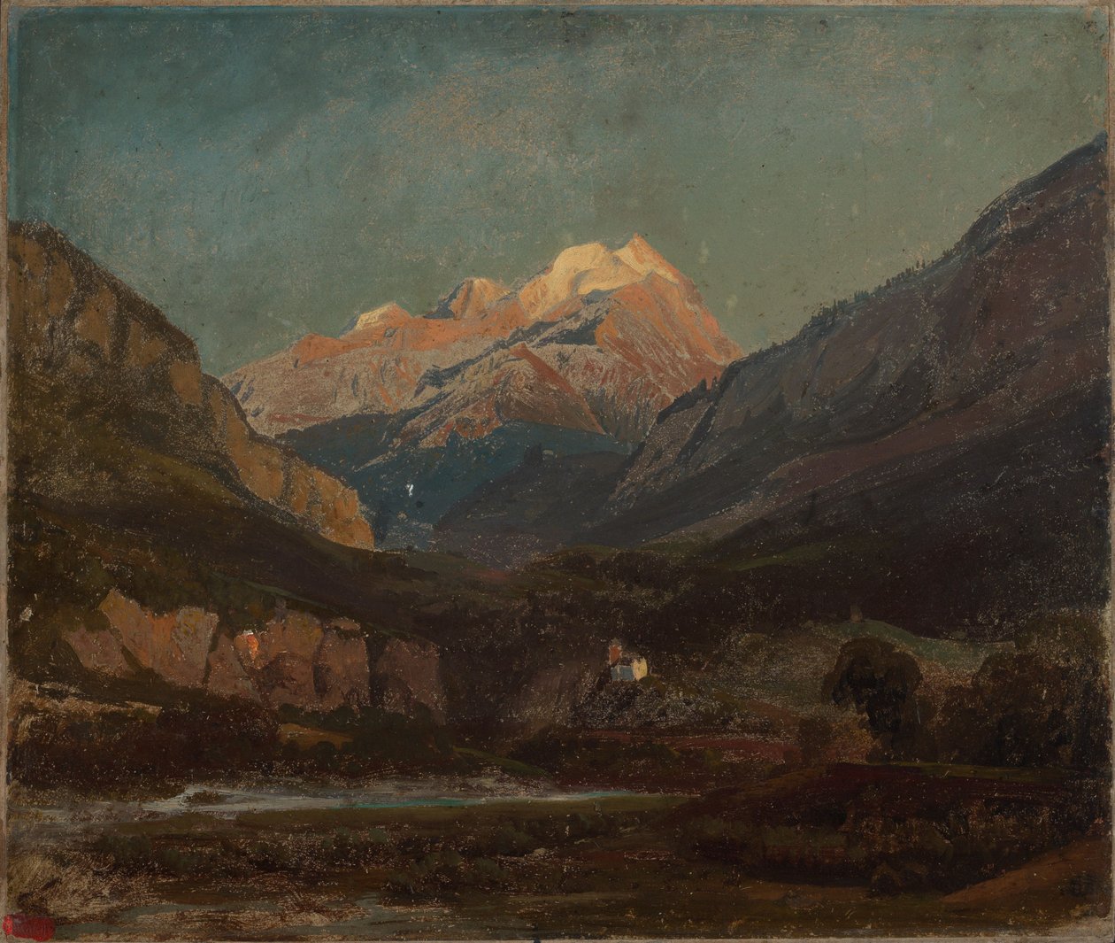 Paisaje montañoso suizo con capilla y pico nevado lejano de Johann Wilhelm Schirmer