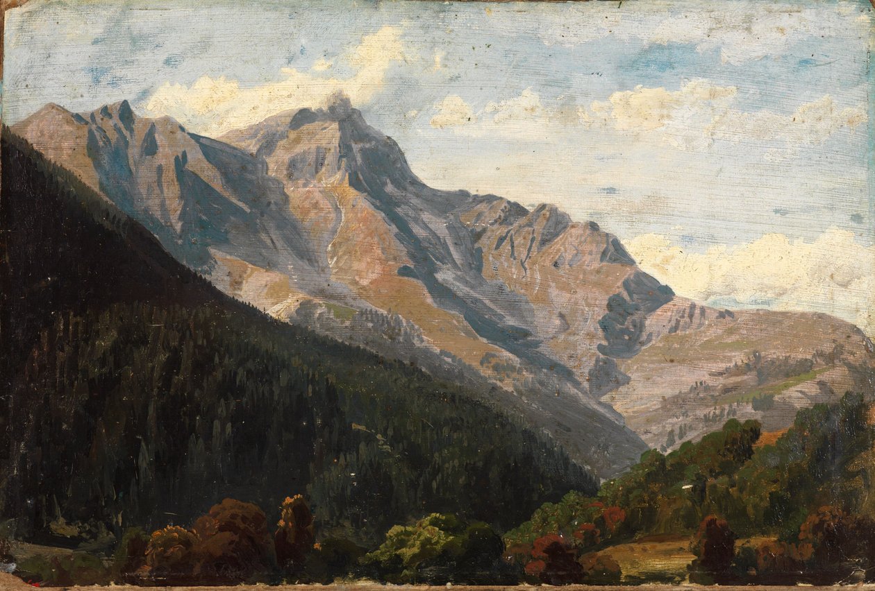 Paisaje montañoso suizo con el Piz Beverin al fondo de Johann Wilhelm Schirmer