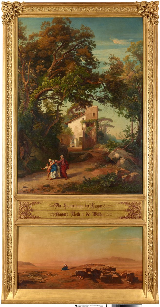 La expulsión de Agar (arriba). Agar en el desierto (abajo). Del ciclo «Doce paisajes bíblicos con la historia de Abraham» de Johann Wilhelm Schirmer