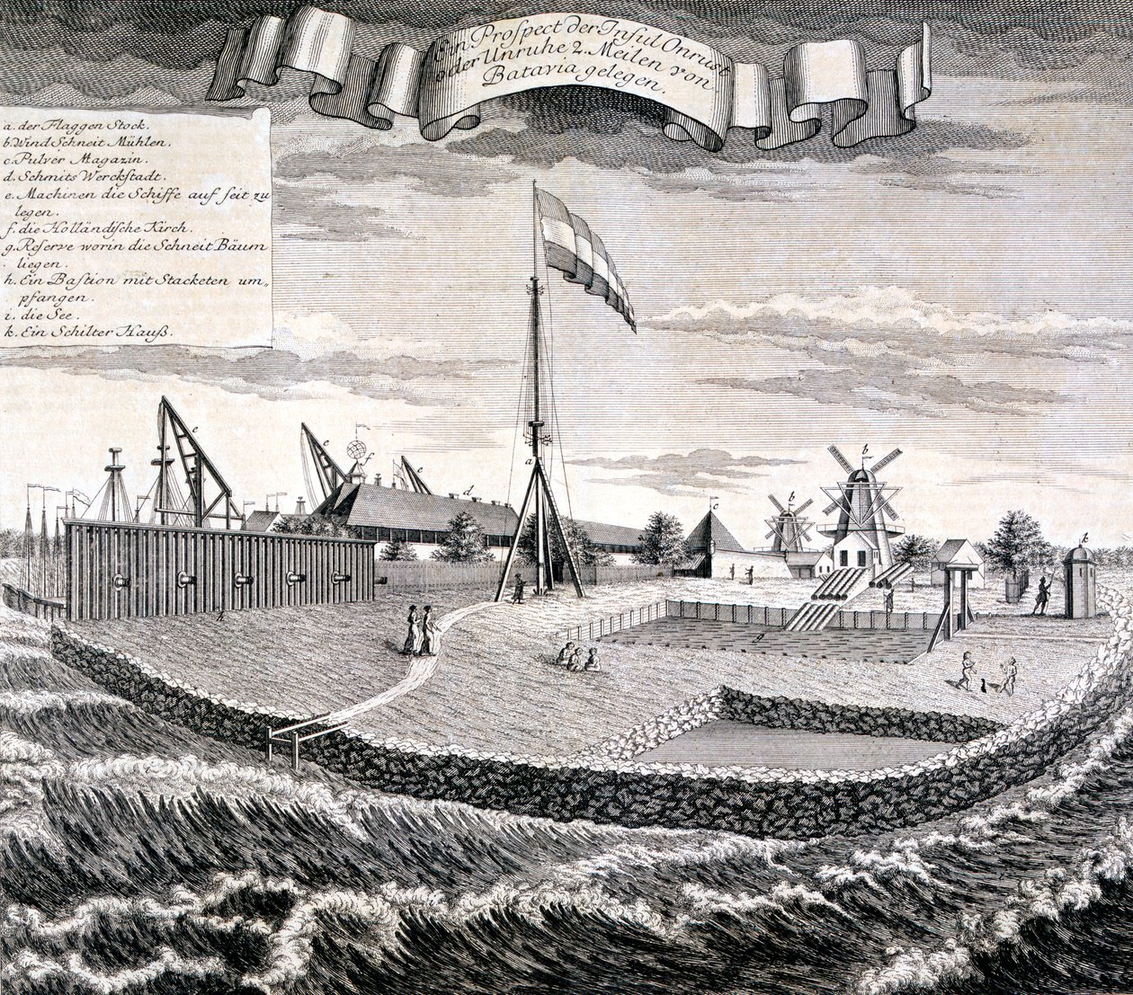 Madera o aserradero de la Compañía Holandesa de las Indias Orientales en la isla a dos millas de Batavia, pub. 1744 de Johann Wolfgang Heydt