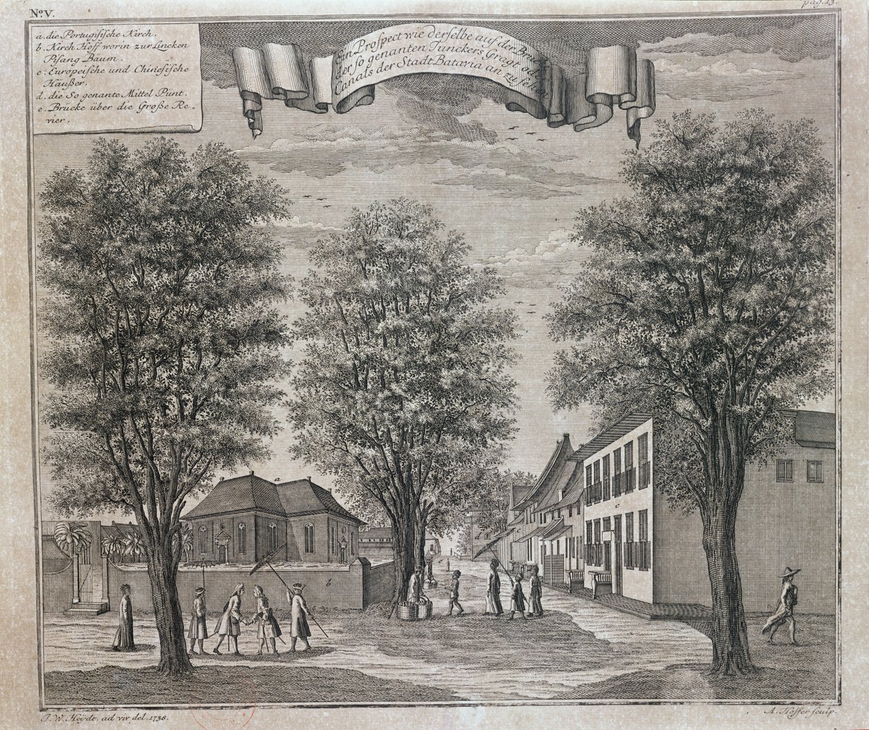 La iglesia portuguesa y casas chinas y europeas en una calle de Batavia, de una serie de vistas de Batavia 