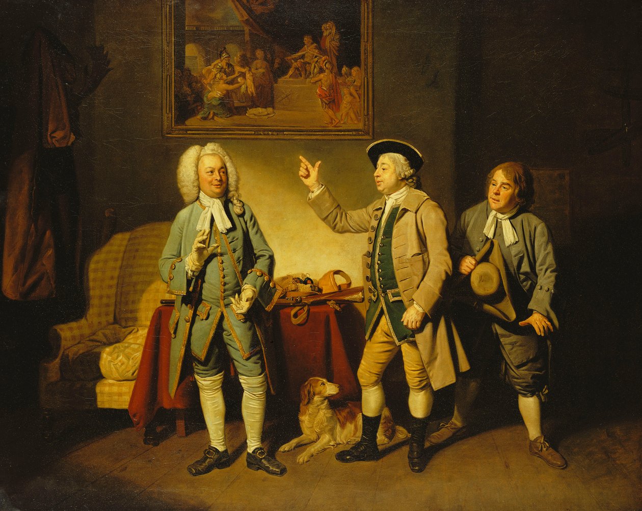 Una escena de "Love in a Village" de Isaac Bickerstaffe, Acto 1, Escena 2, con Edward Shuter como Justice Woodcock, John Beard como Hawthorn y John Dunstall como Hodge de Johan Joseph Zoffany