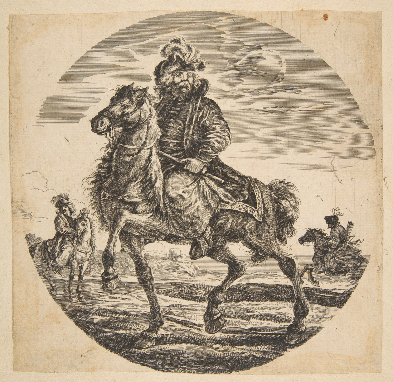 Jinete húngaro cabalgando hacia la izquierda, otros jinetes en el fondo, circular de Johanna Christina Küsel