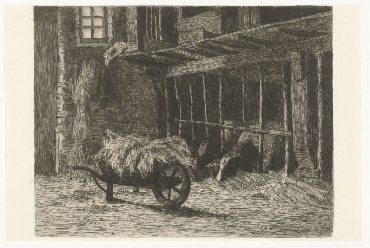 Interior de establo con vacas y carretilla con heno de Johanna Henriëtte Besier