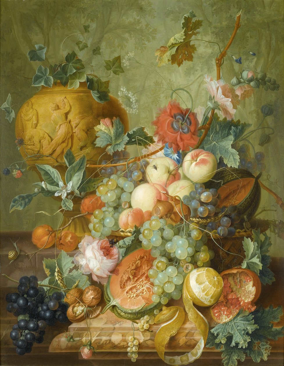 Naturaleza muerta de frutas y flores de Johannes Christianus Roedig