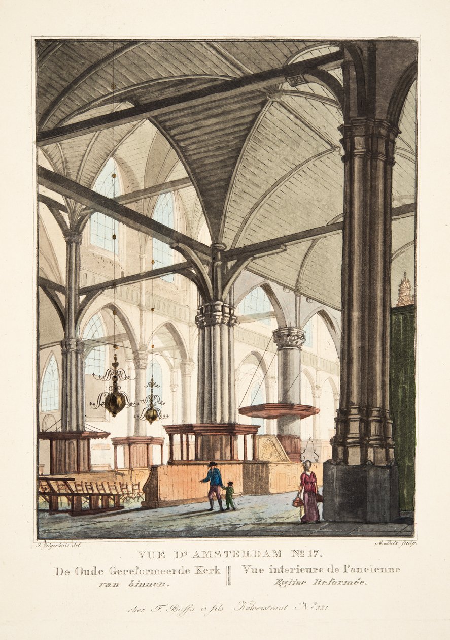 Vista de Ámsterdam No.17. La antigua Iglesia Reformada por dentro. Vista interior de la antigua Iglesia Reformada, 1825 de Johannes Jelgerhuis