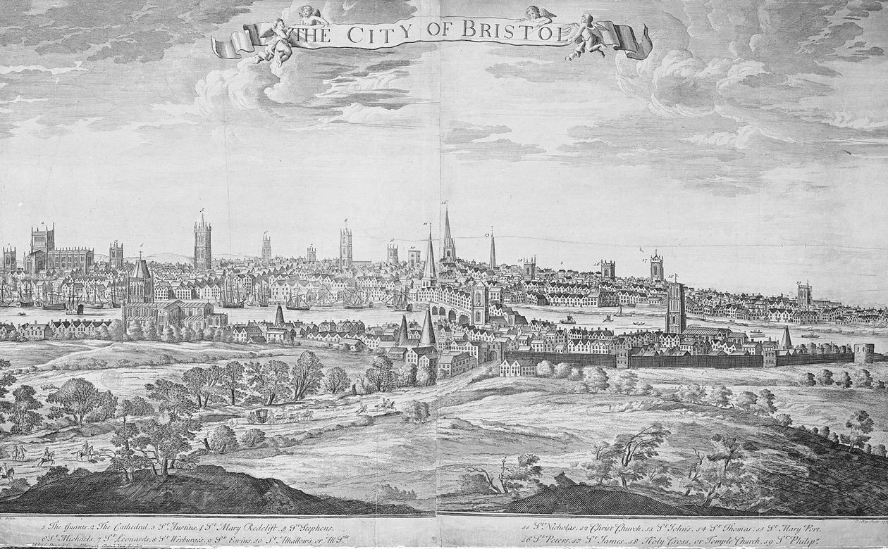 La ciudad de Bristol (con clave), 1717 de Johannes Kip