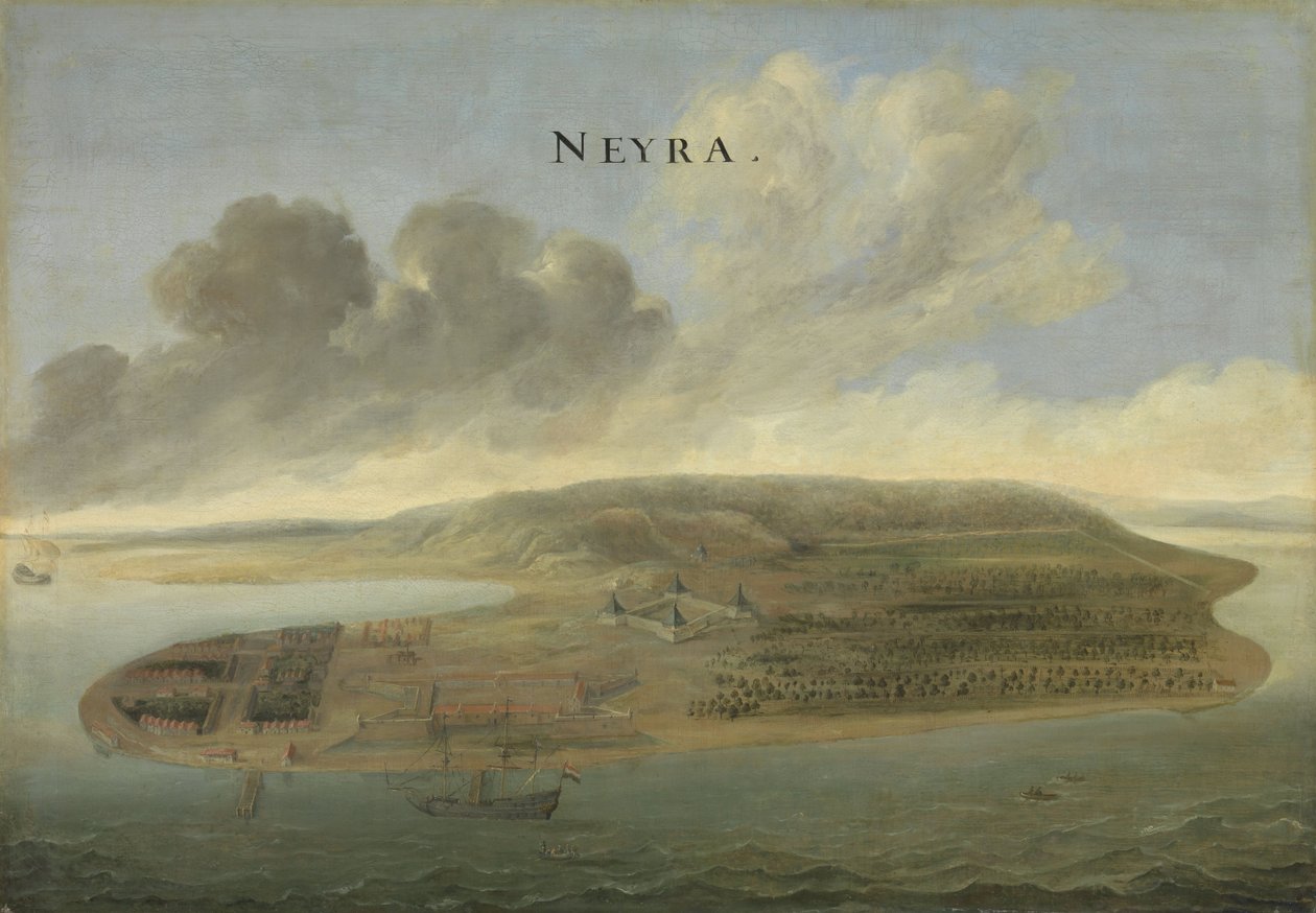 Puesto comercial de la Compañía Holandesa de las Indias Orientales en Banda Neira en las Molucas del Sur, c.1662-3 de Johannes Vinckeboons