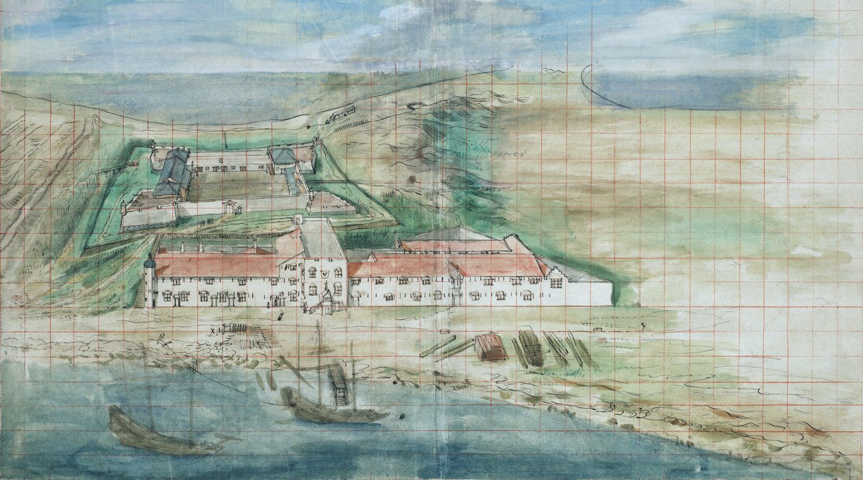 Vista general del Fuerte Zeelandia en Tainan, Taiwán de Johannes Vingboons