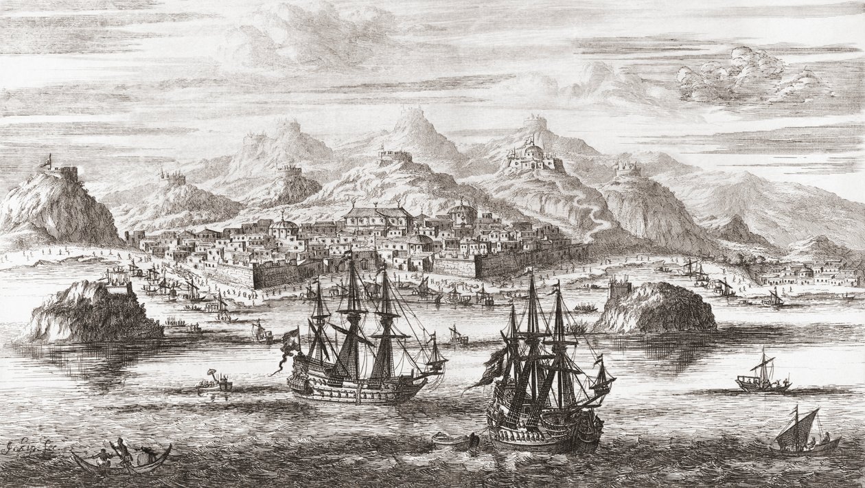 Barcos holandeses frente a Mascate, Omán, en el siglo XVII (grabado) de Johannes (after) Kip