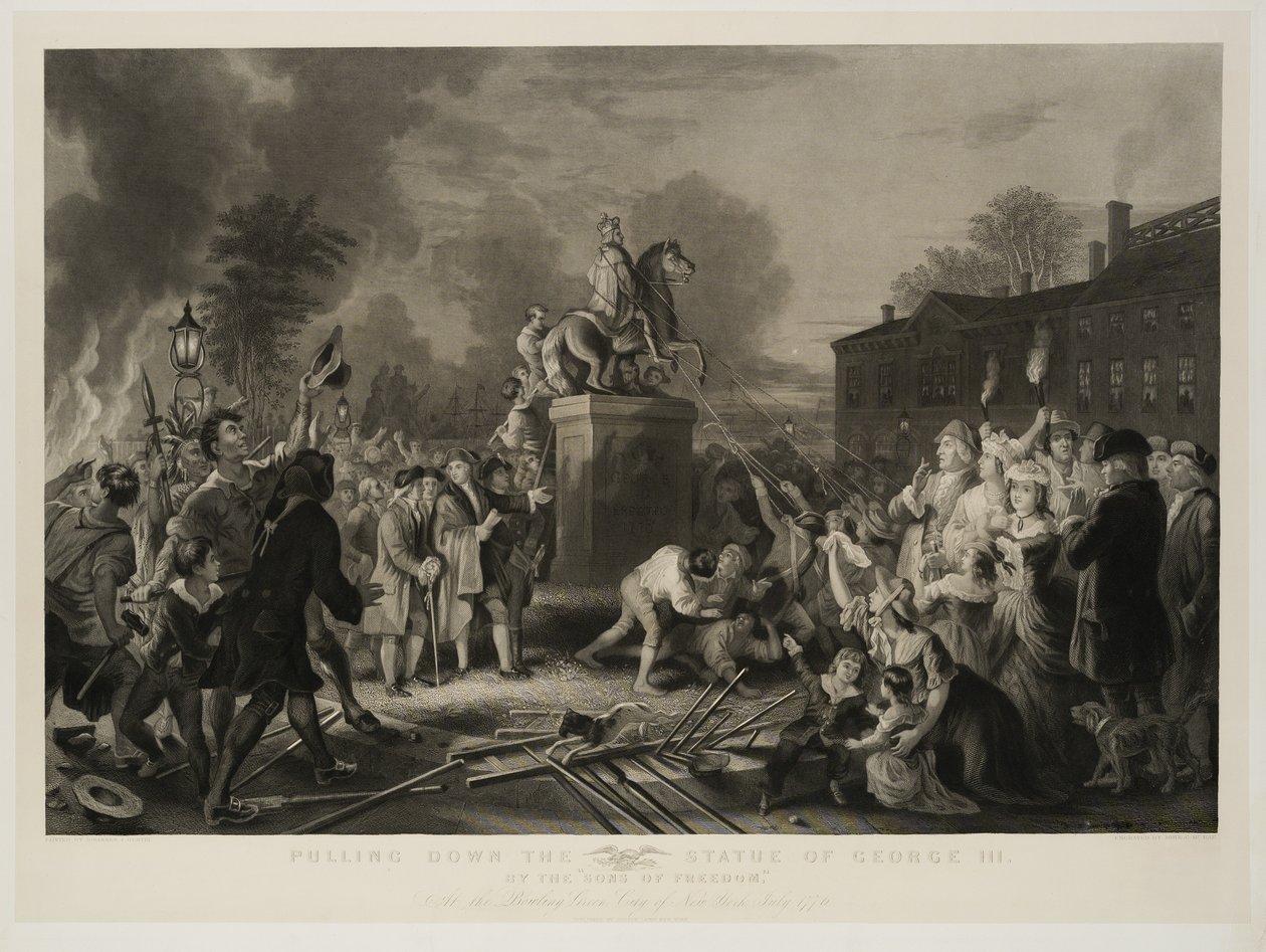 Derribando la Estatua de Jorge III, por los Hijos de la Libertad, en el Bowling Green, Ciudad de Nueva York, julio de 1770, grabado por John C. McRae de Johannes Adam Simon Oertel