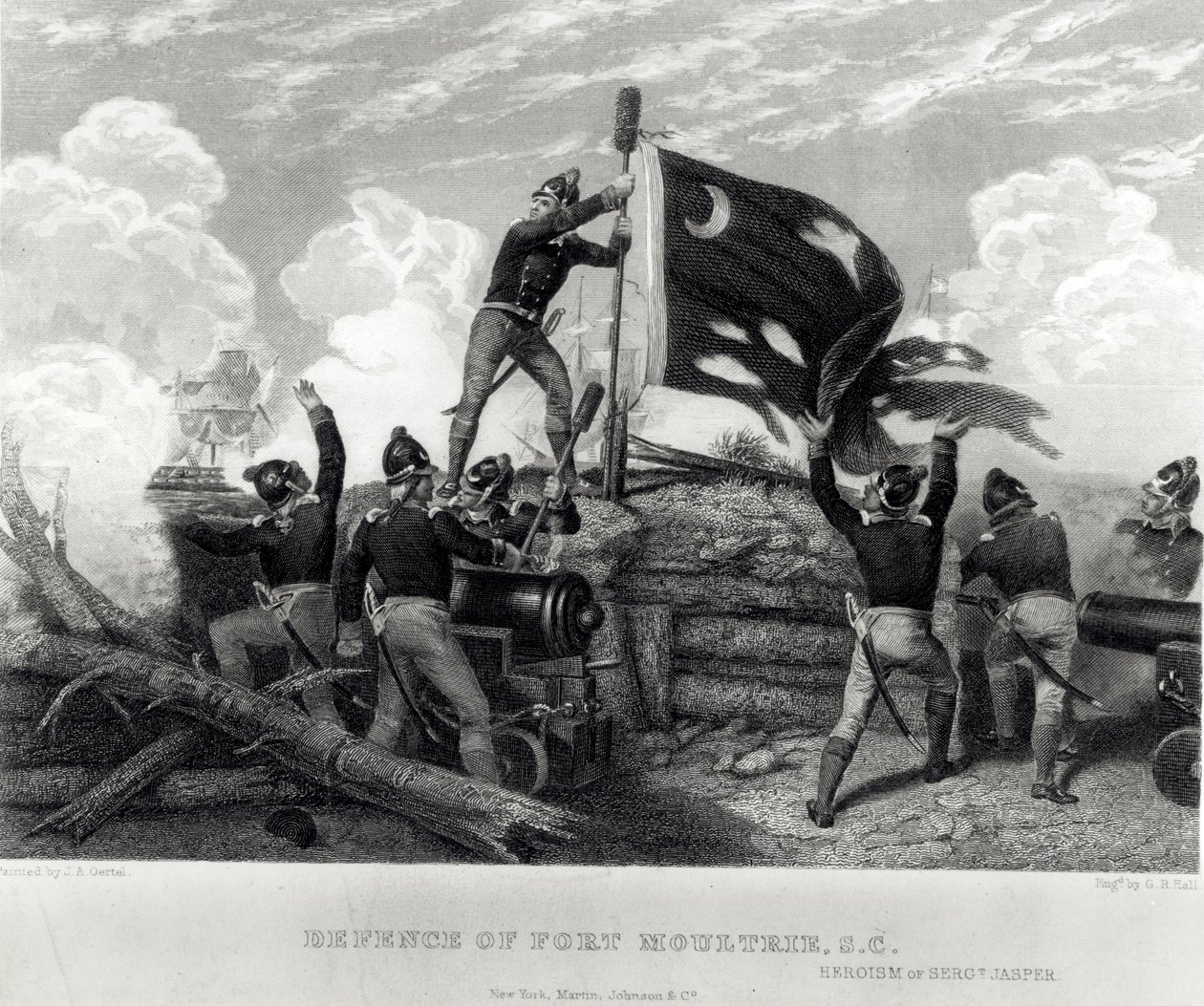 El Heroísmo del Sargento William Jasper en Defensa del Fuerte Moultrie, Carolina del Sur, 12 de mayo de 1780, grabado por G.R. Hall de Johannes Adam Simon Oertel