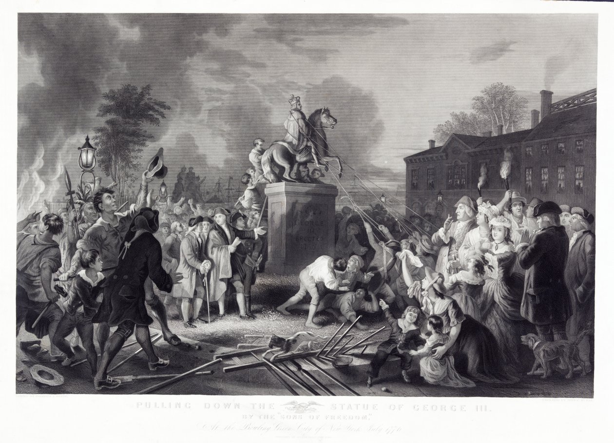 Derribando la estatua de Jorge III por los Hijos de la Libertad, en Bowling Green, Ciudad de Nueva York, julio de 1776, pub. 1875 de Johannes Adam Simon after Oertel