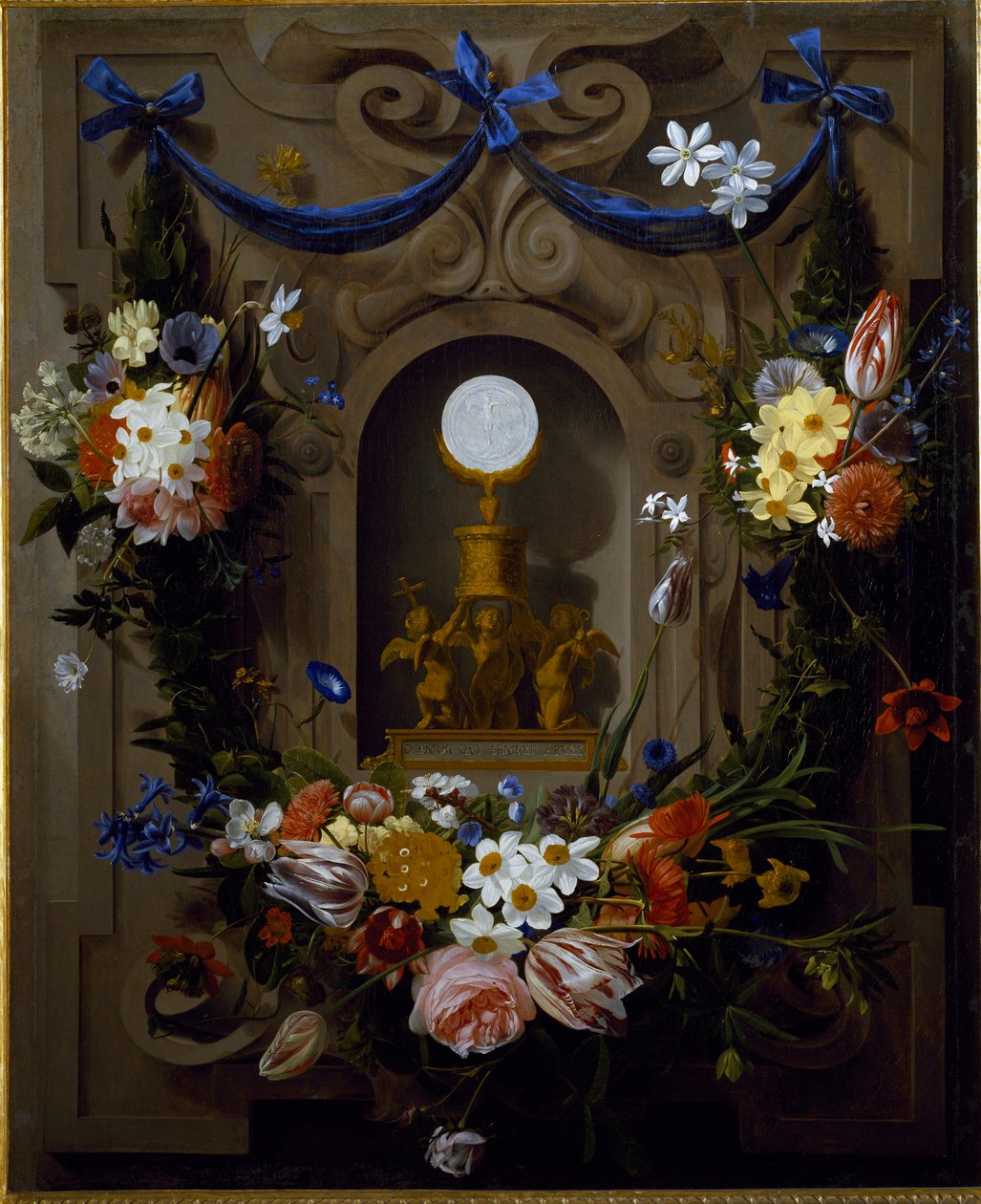 Eucaristía en una corona de flores de Johannes Antonius van der Baren