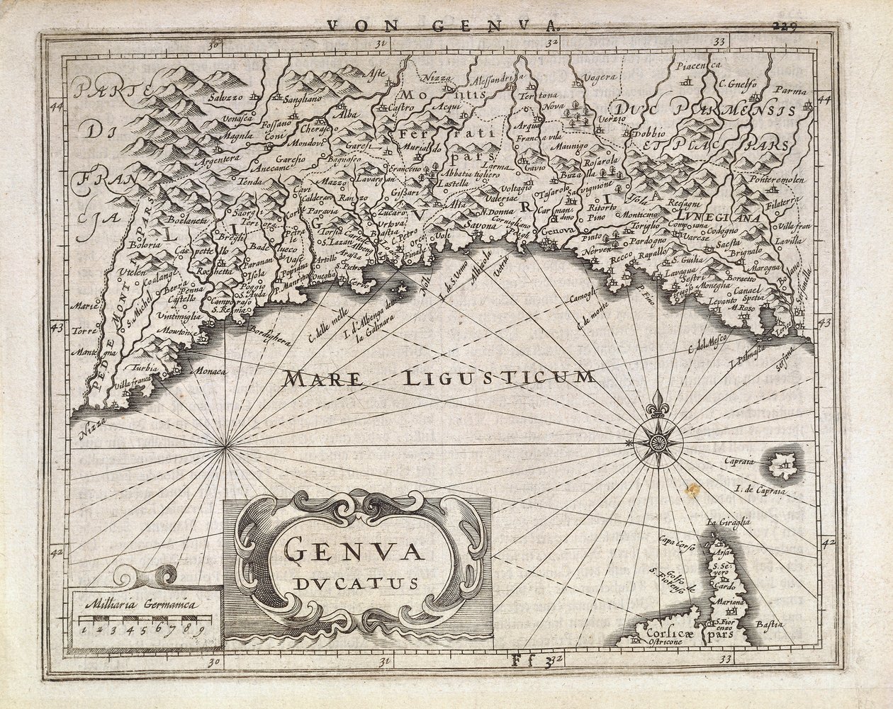 Ducado de Génova, Mapa de Jan Baptist Vrients del atlas alemán, grabado en cobre, mitad del siglo XVII de Johannes Baptista Vrints