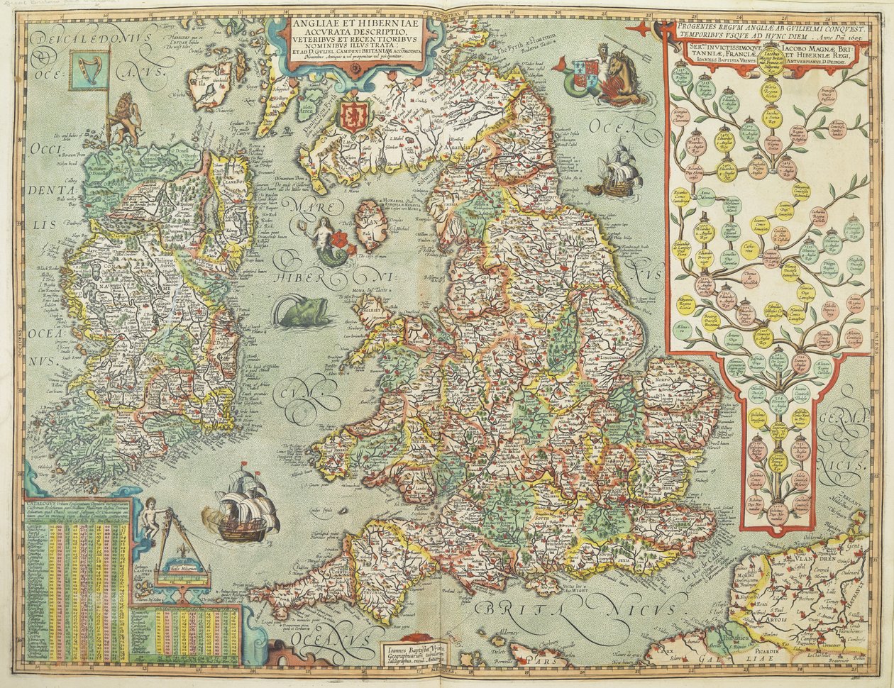 Mapa de Inglaterra e Irlanda dibujado en 1606 (grabado en color) de Johannes Baptista Vrints