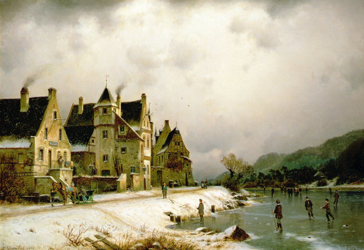 Un paisaje fluvial invernal con patinaje artístico sobre hielo por un pueblo (óleo sobre lienzo) de Johannes Bartolomaus Duntze