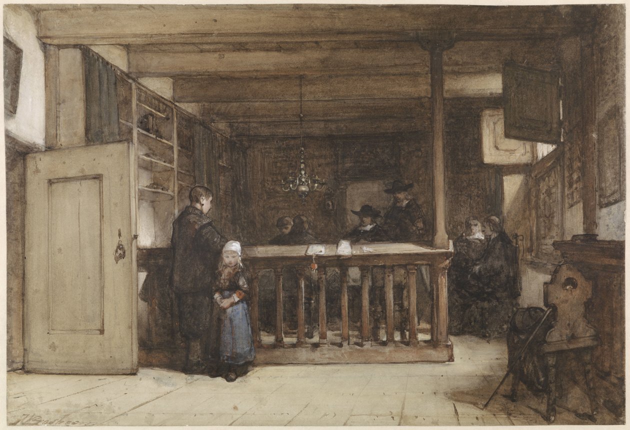 Día de pago: La habitación del concejal en el Rechthuis de Nieuw-Loosdrecht, tapizada con figuras del siglo XVII de Johannes Bosboom
