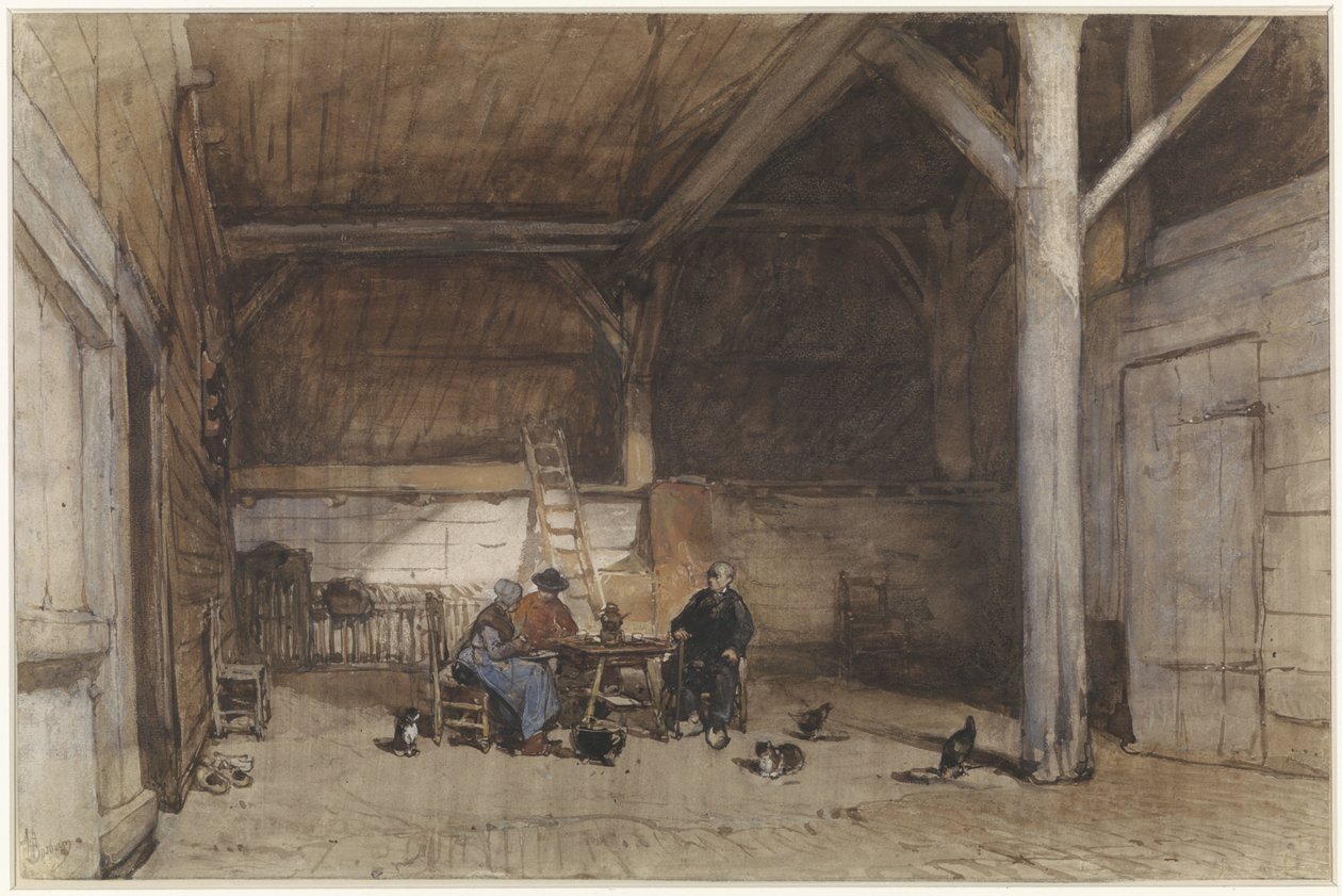 Interior de una granja con dos hombres y una mujer en una mesa, también algunos pollos y gatos de Johannes Bosboom