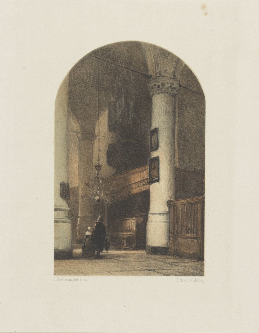 Interior de la iglesia con dos figuras y órgano de Johannes Bosboom