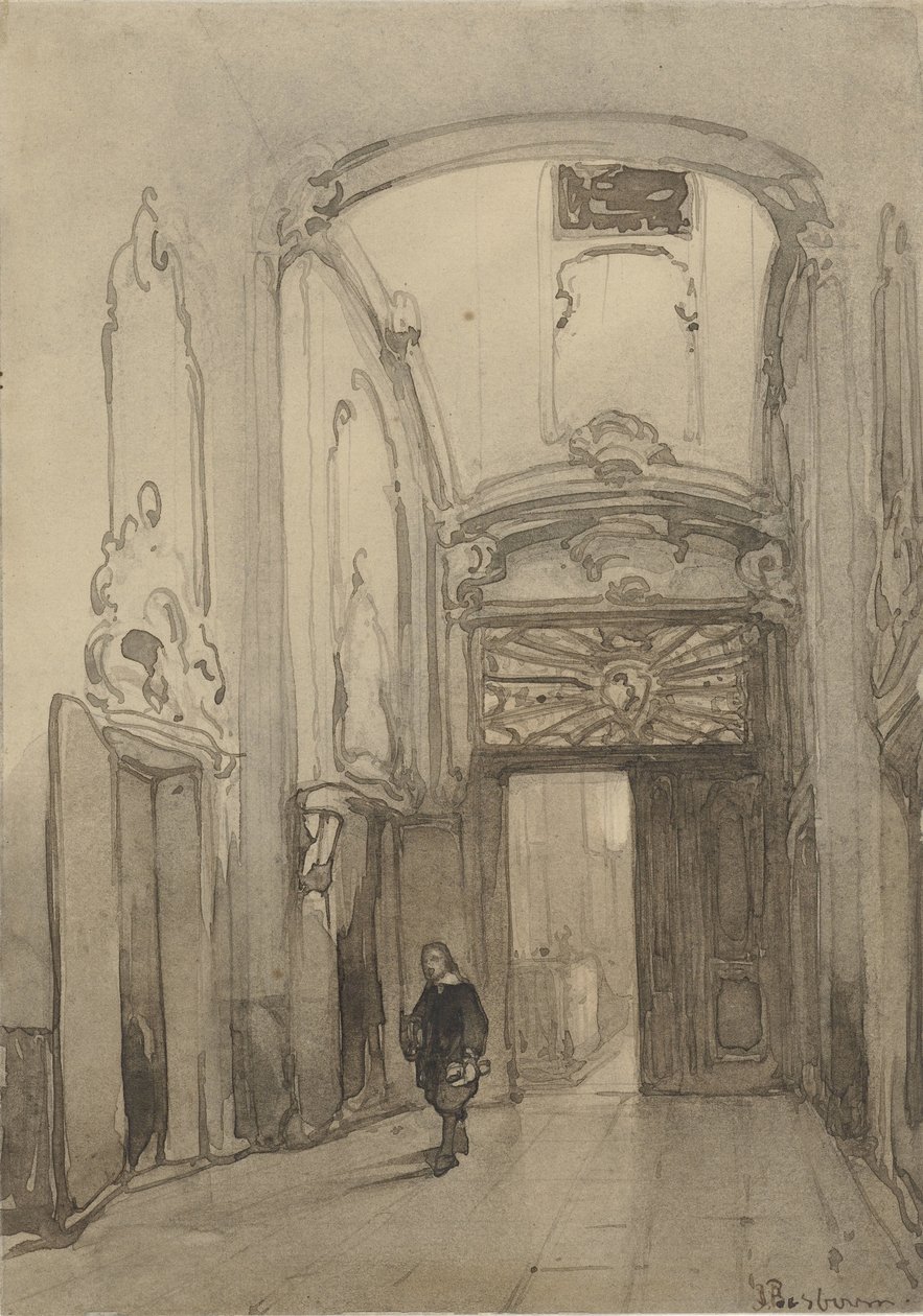 Portal rococó del ayuntamiento de La Haya con un hombre vestido del siglo XVII de Johannes Bosboom