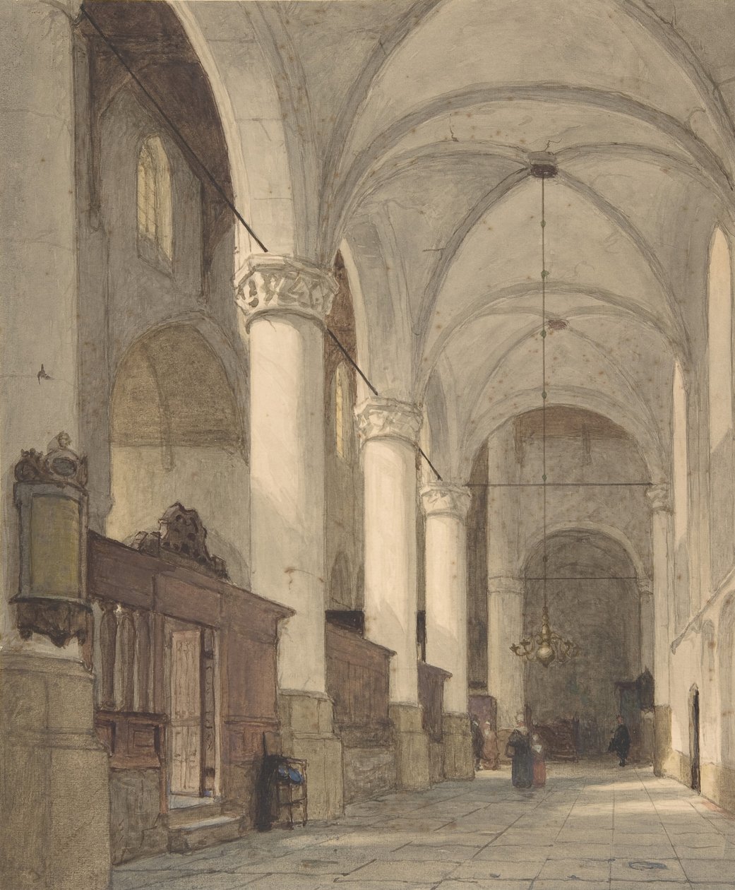 Pasillo lateral abovedado de una iglesia, con figuras de Johannes Bosboom
