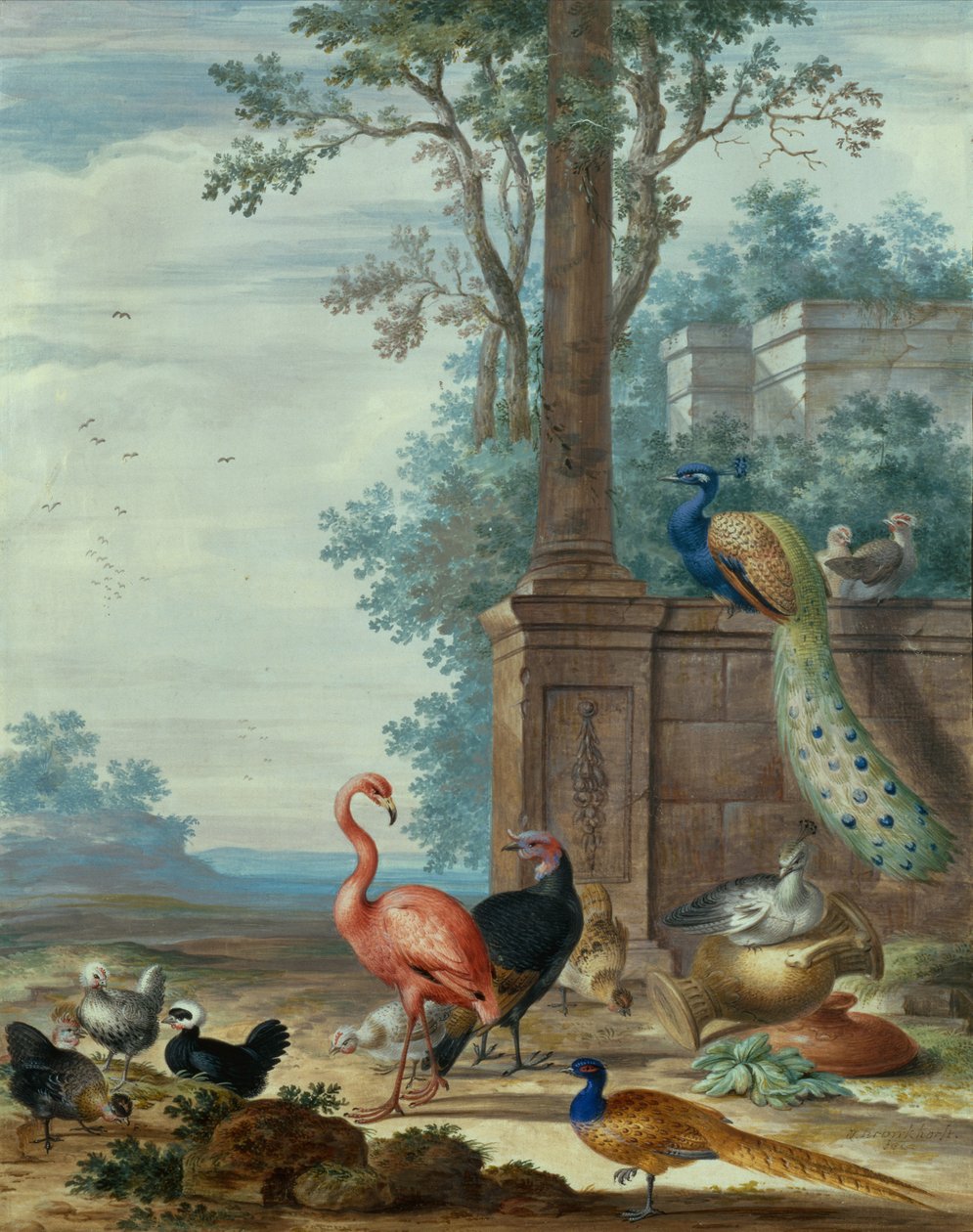 Un paisaje de estilo italiano con pavo real, faisán, flamenco y otras aves (gouache) de Johannes Bronckhorst