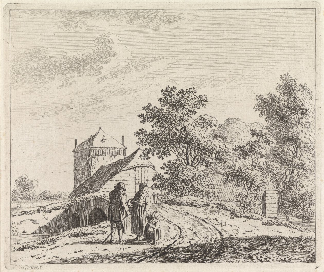 paisaje con puente de piedra de Johannes Christiaan Janson