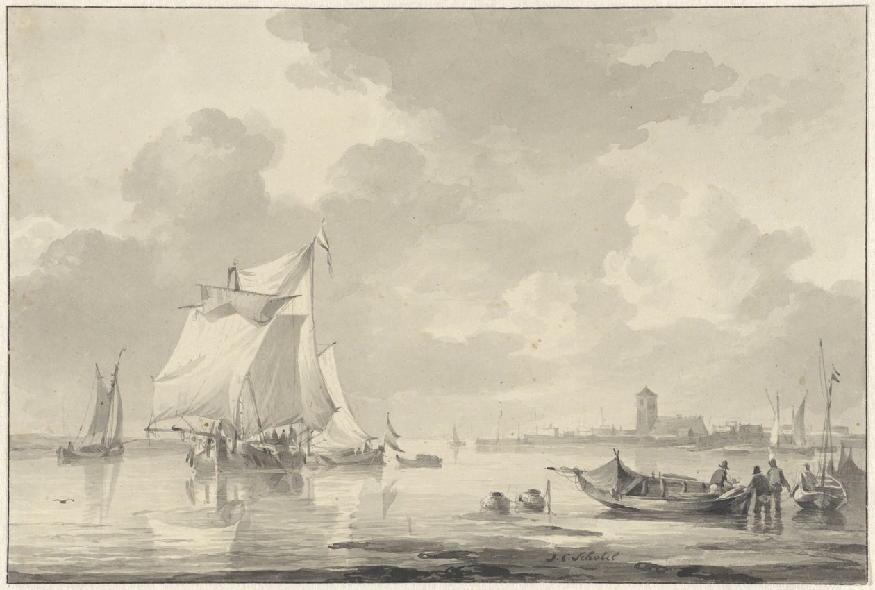 Vista del río con varios barcos, una ciudad al fondo en la distancia de Johannes Christiaan Schotel