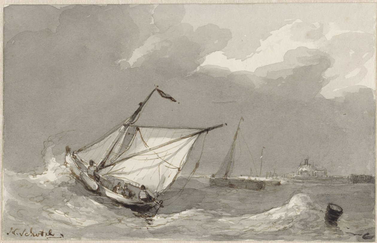 Barco de pesca en un mar agitado, con un pueblo en la distancia de Johannes Christiaan Schotel
