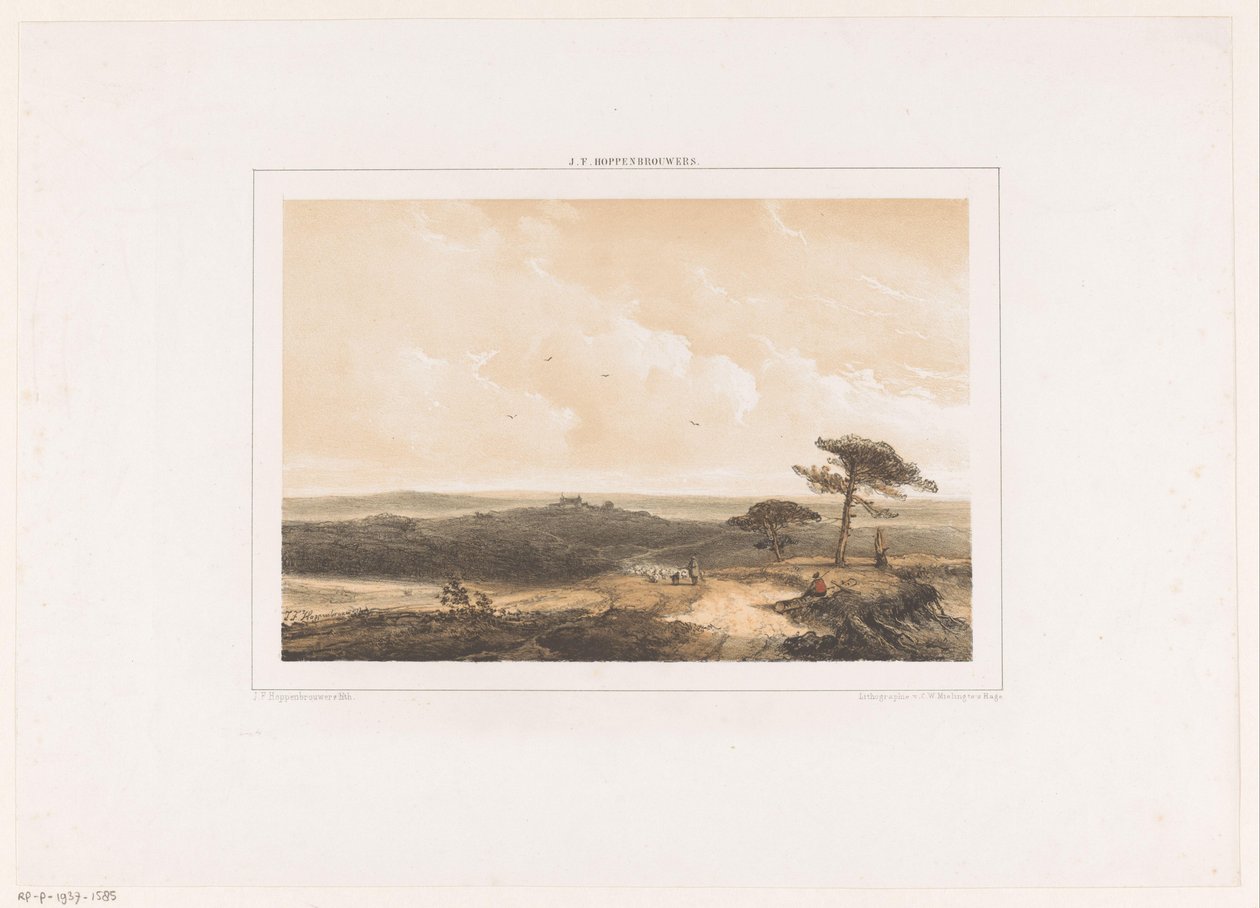 Paisaje de brezales con excursionista descansando y pastor con rebaño de Johannes Franciscus Hoppenbrouwers