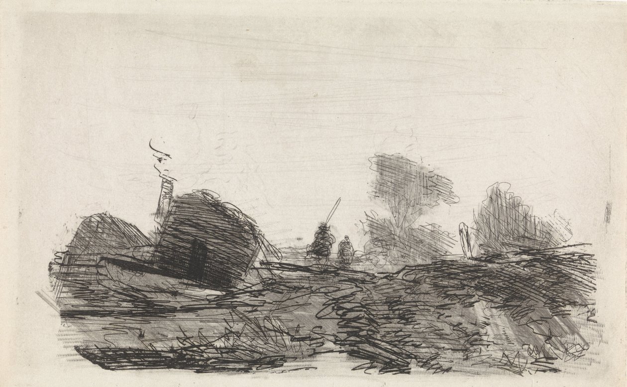 Paisaje con un granero y dos jinetes. de Johannes Franciscus Hoppenbrouwers