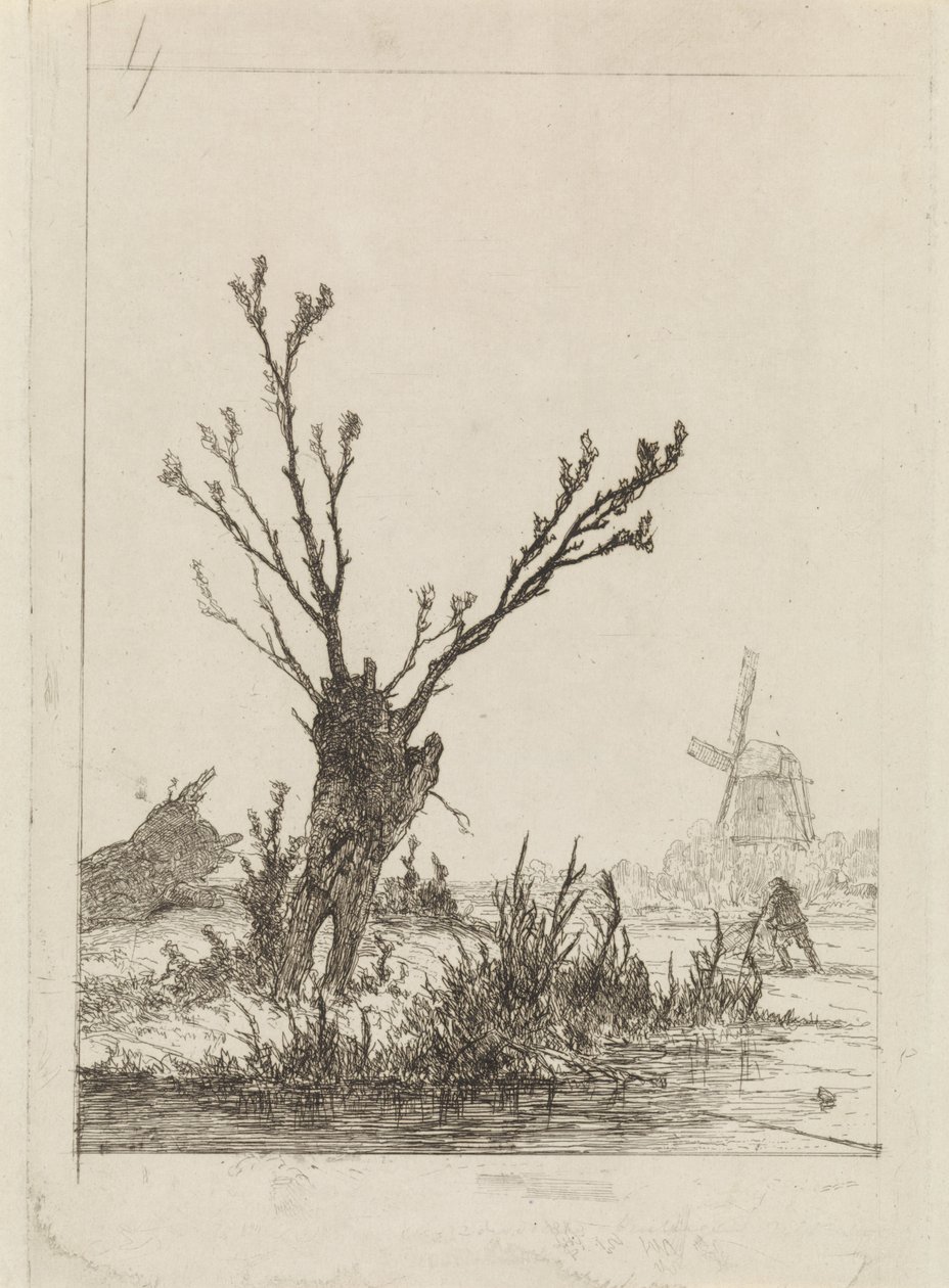 Patinador con trineo cerca de un sauce desmochado de Johannes Franciscus Hoppenbrouwers