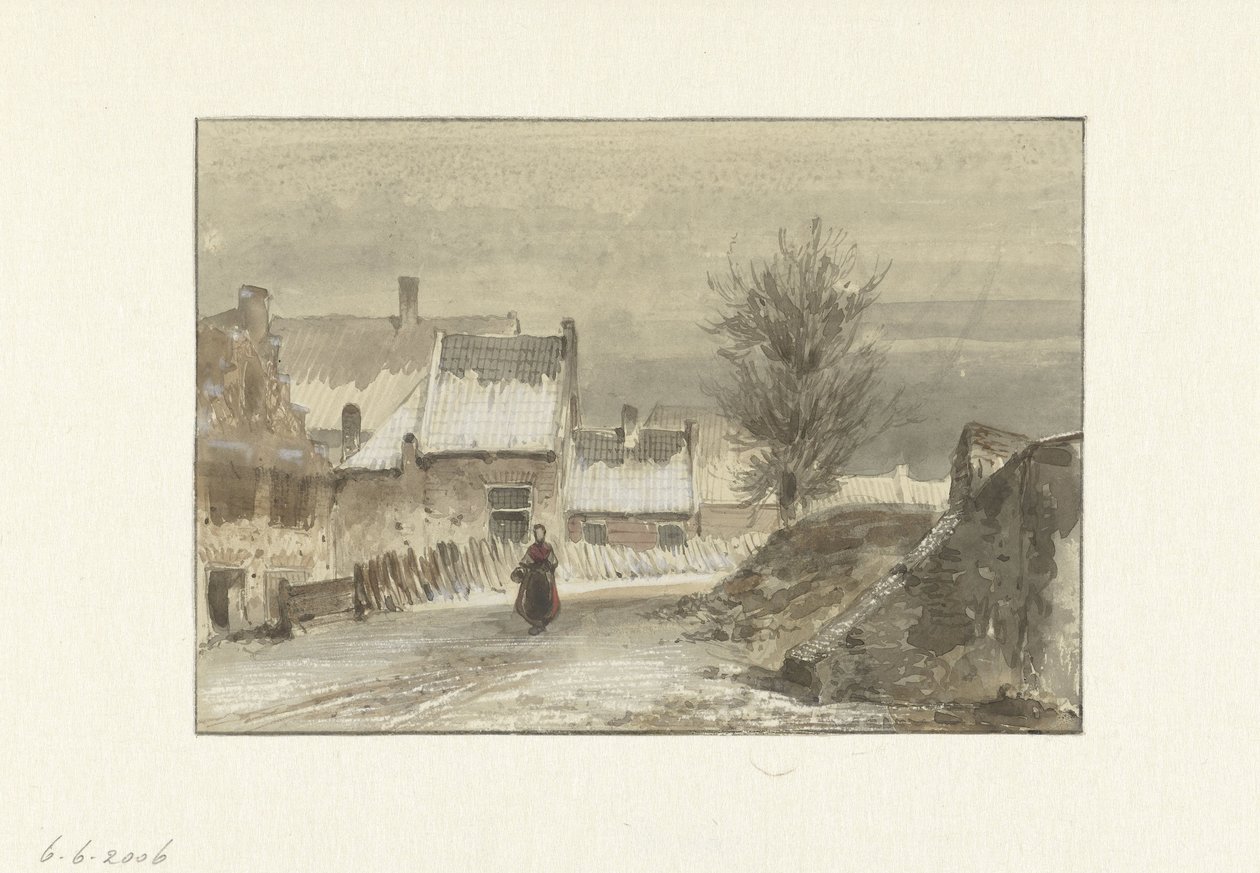 Escena invernal con una mujer de pie sobre el hielo de Johannes Franciscus Hoppenbrouwers