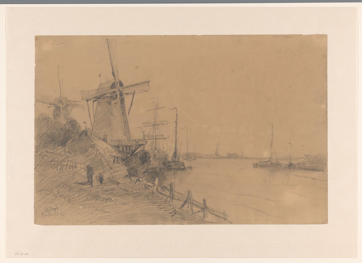 Molinos de viento cerca de Dordrecht junto al río con barcos de Johannes Gijsbert Vogel