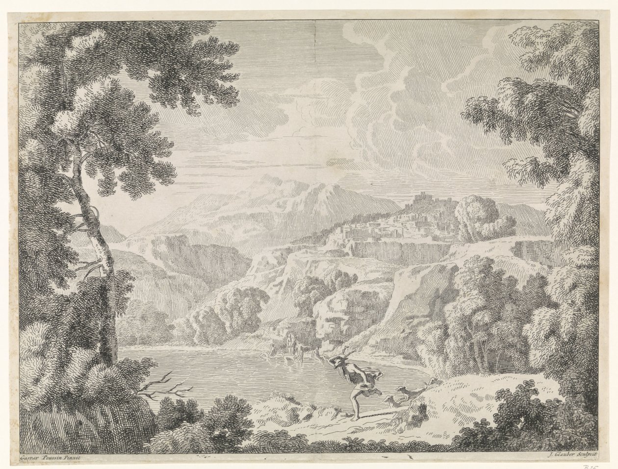 Acteón es convertido en ciervo por el baño de Diana. Paisajes después de Gaspar Poussin (título de la serie) de Johannes Glauber