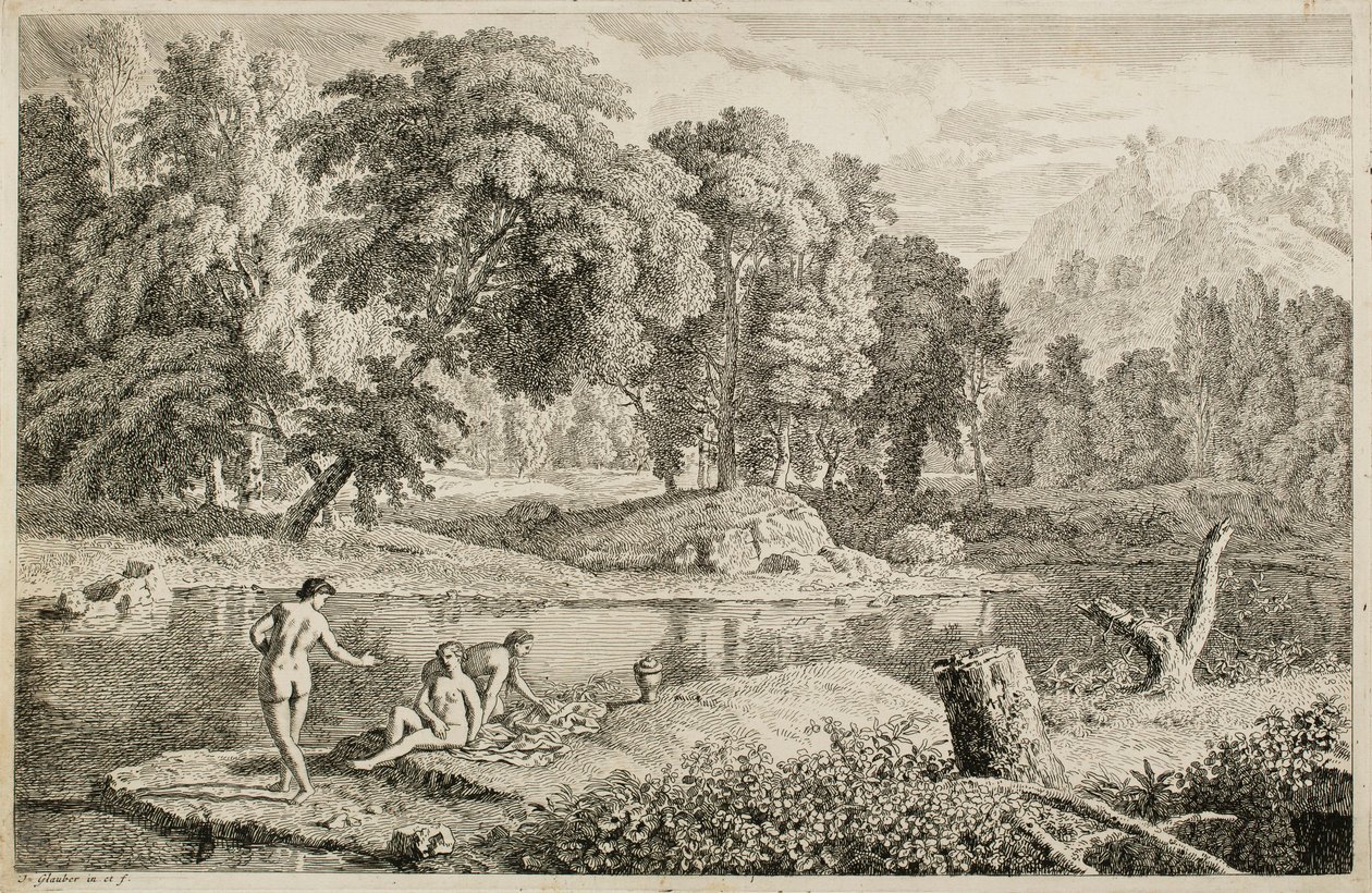 Paisaje arcádico con un río y tres bañistas de Johannes Glauber