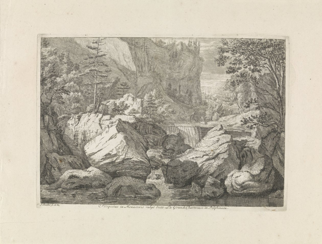 vista de una cascada Folleto en Monasterio vulgo dicto La Grande Chartreuse en Delphinatu (título sobre objeto) Paisajes en las montañas de Chartreuzer (título de la serie) de Johannes Glauber