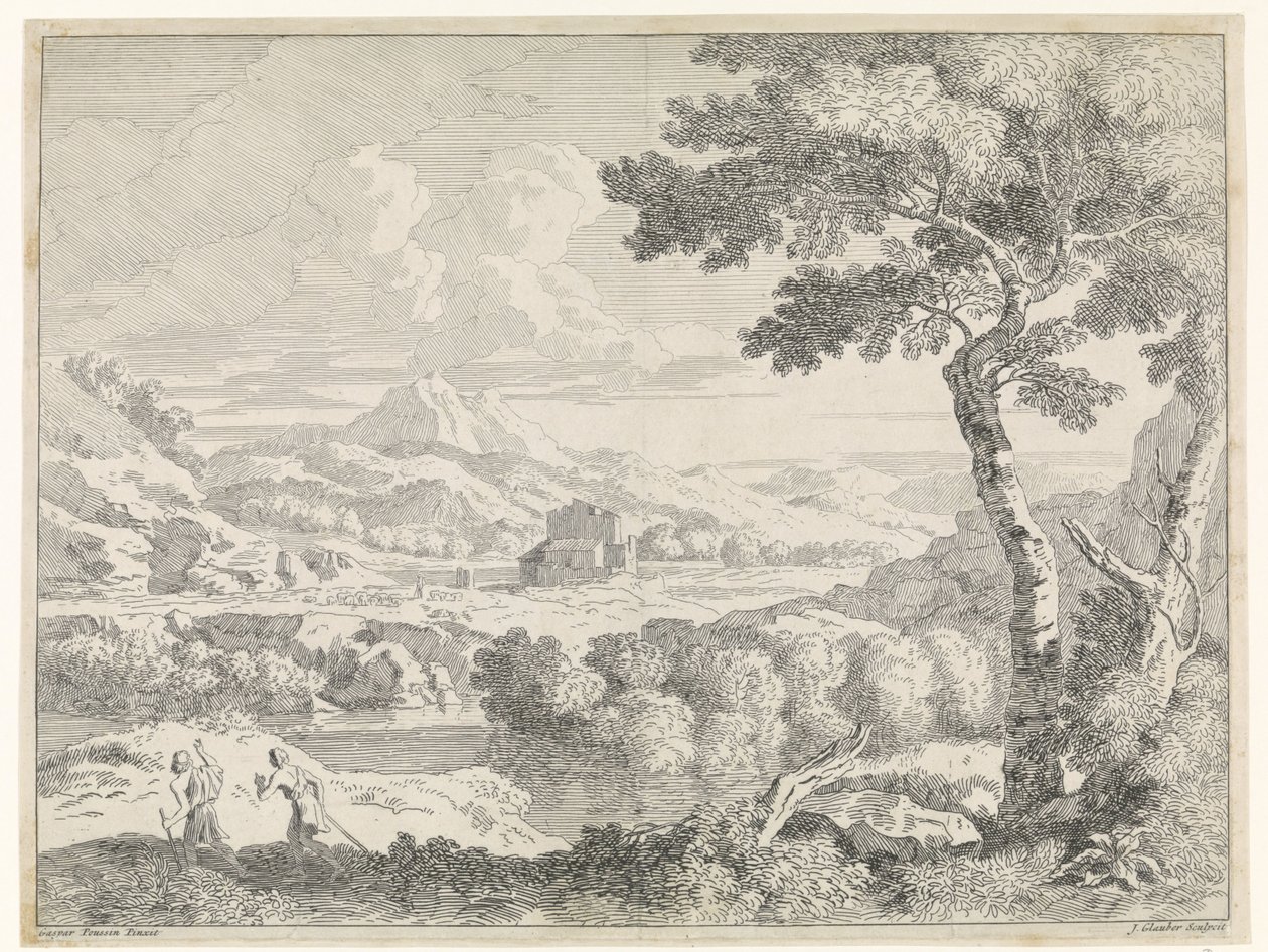 Paisaje montañoso con pastores Paisajes después de Gaspar Poussin (título de la serie) de Johannes Glauber