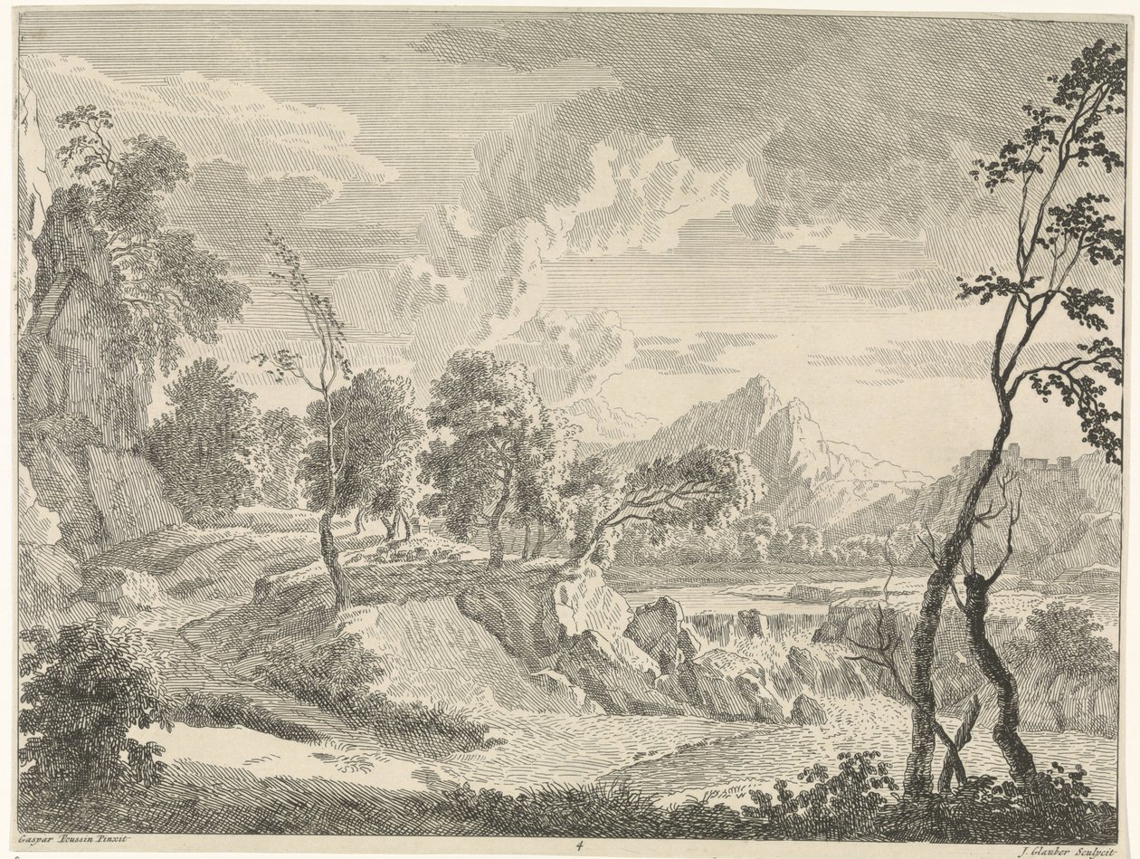 Paisaje montañoso con cascada Paisajes después de Gaspar Poussin (título de la serie) de Johannes Glauber
