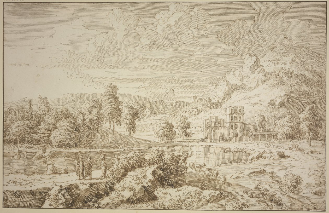 Paisaje italiano con edificio, en el camino un pastor con ovejas, a la izquierda tres figuras de Johannes Glauber