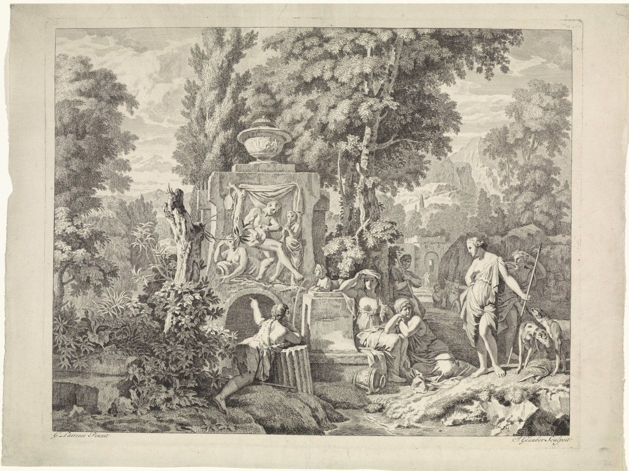paisaje con fuente y diana y sus ninfas Representaciones bíblicas, mitológicas y alegóricas (título de serie) de Johannes Glauber