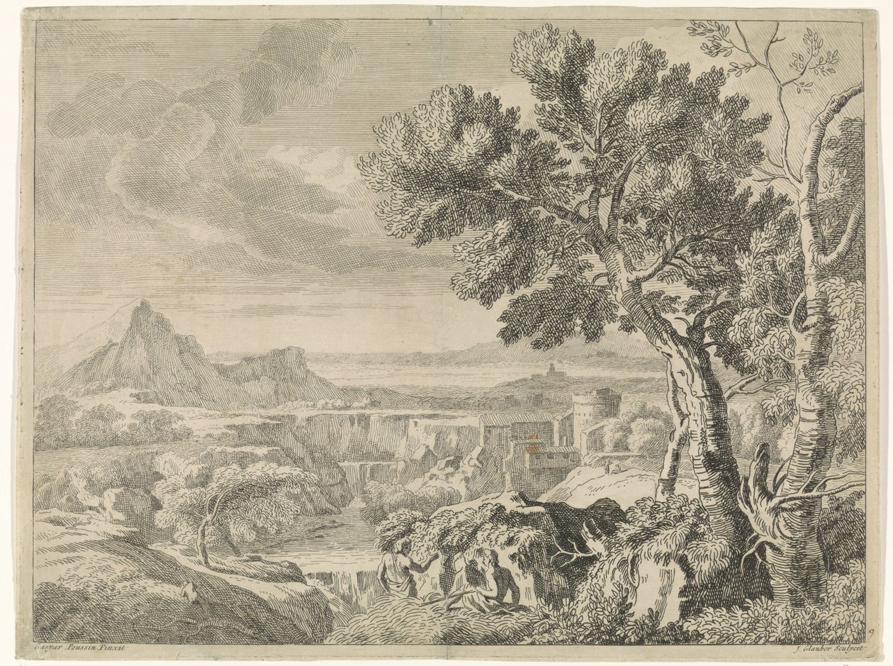 Paisaje con barranco y cascada Paisajes después de Gaspar Poussin (título de la serie) de Johannes Glauber