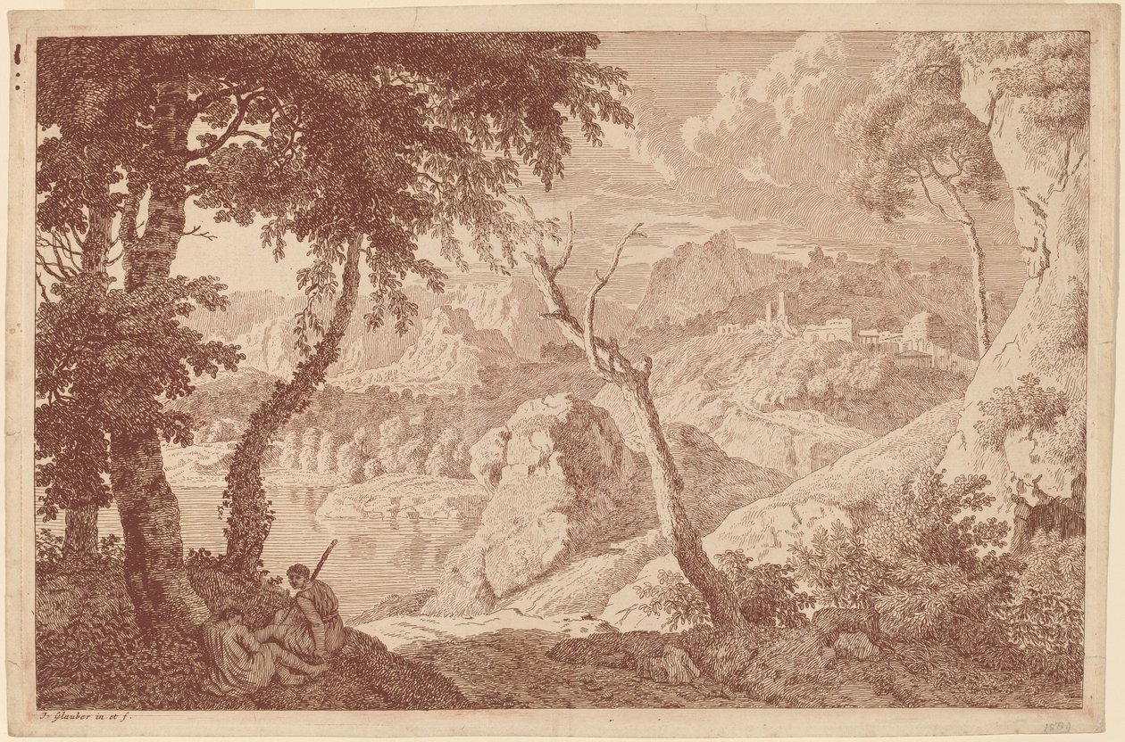 Paisaje Montañoso con Dos Hombres Descansando de Johannes Glauber